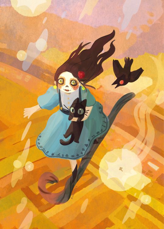a young girl witch with a skull face makeup, smiles to a crow in flight. she holds a black kitten in her left arm and stands on a wooden staff. she flies over a golden landscape.