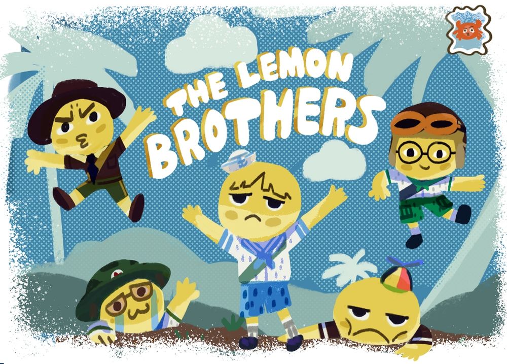 illustration of 5 yellow character creations from the game PEAK. Top left has eyebrows furrowed, bottom left is crying with an arm reached out for help, the center character has a sad expression, with their arms raised up in a waving motion. Top right is another yellow character with a smile, wearing a pilot hat with goggles.  Unfortunately, the bottom right looks tired and wears a cute colorful hat. Title font reads The Lemon Brothers. The background has palm trees, hills and clouds in a similar greyish blue hue. 