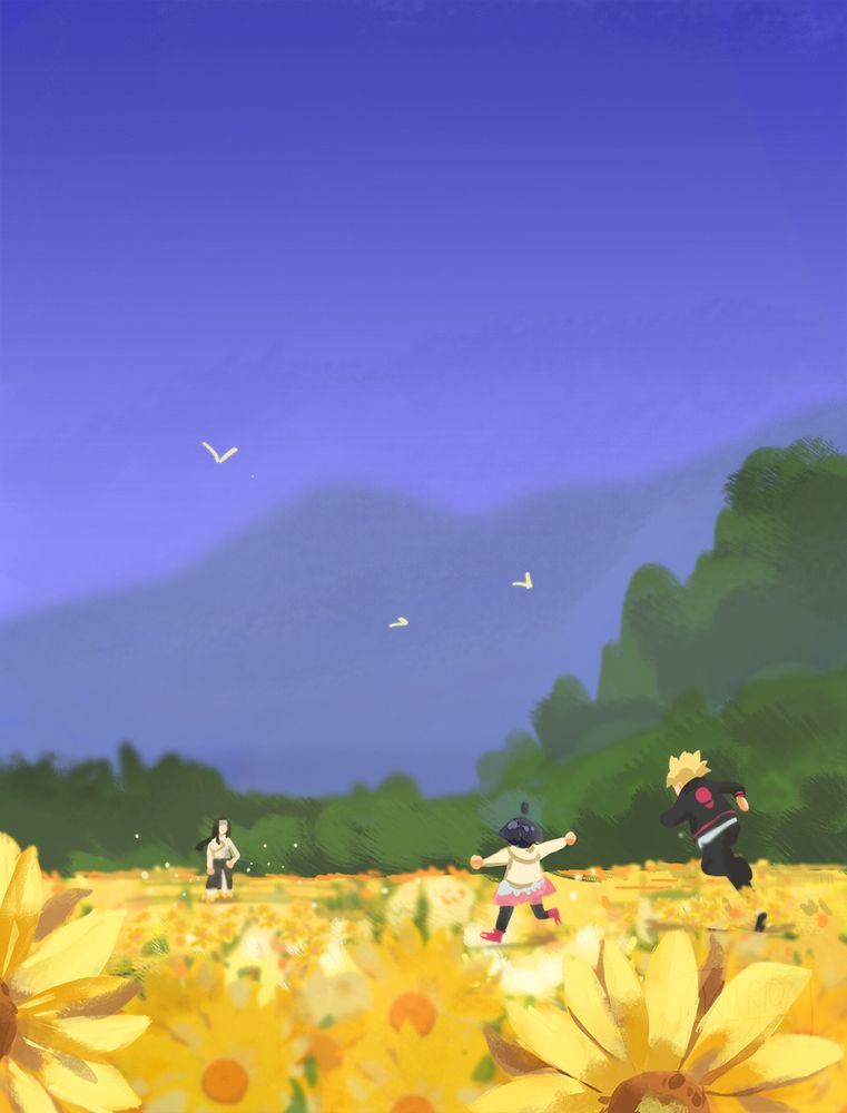 Neji, Himawari, and Boruto meet in sunflower fields