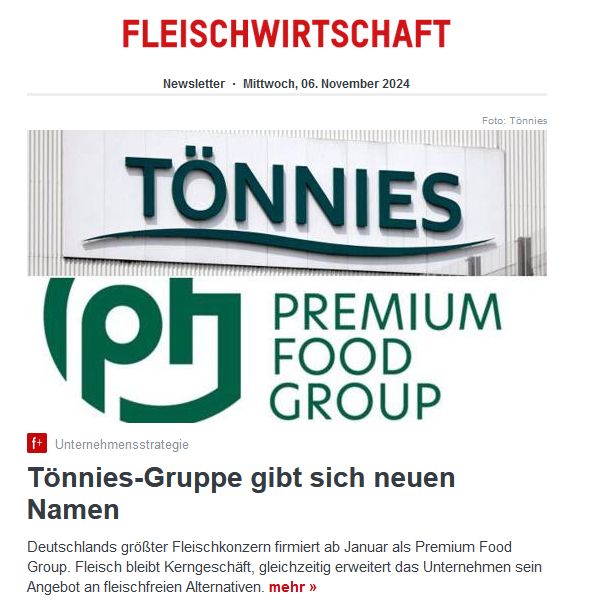 Screenshot Fleischwirtschaft-Newsletter - Tönnies wird zur Premium Food Group