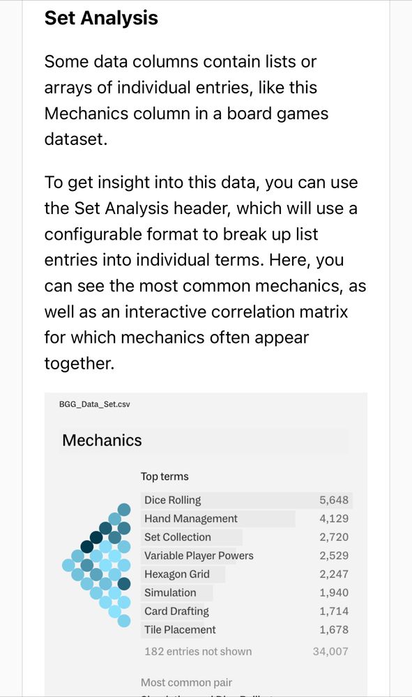 “Set Analysis

Some data columns contain lists or arrays of individual entries, like this Mechanics column in a board games dataset.

To get insight into this data, you can use the Set Analysis header, which will use a configurable format to break up list entries into individual terms. Here, you can see the most common mechanics, as well as an interactive correlation matrix for which mechanics often appear together.”

In an image labeled “Mechanics,” a triangle composed of small circles of variegated shades of blue accompanies a list of values: “Mechanics
Top terms
Most common pair
Dice Rolling
5,648
Hand Management
4,129
Set Collection
2,720
Variable Player Powers
2,529
Hexagon Grid
2,247
Simulation
1,940
Card Drafting
1,714
Tile Placement
1,678
182 entries not shown
34,007”
