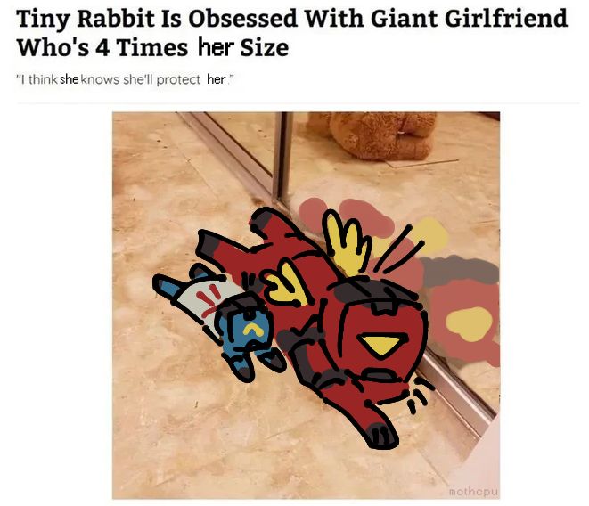 drawing of v2 and mirage from ultrakill as weird little chibis drawn over two rabbits. mirage is very small lying down on her belly on the floor next to v2. text above reads "tiny rabbit is obsessed with giant girlfriend who's 4 times her size" / "I think she knows she'll protect her"