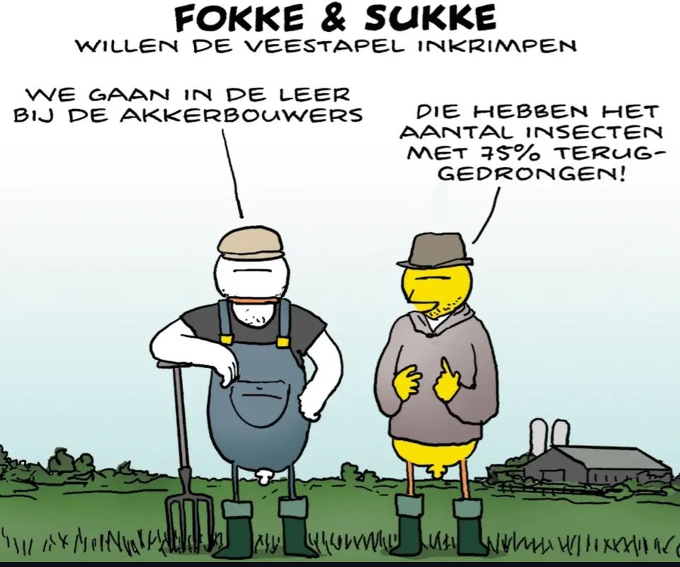Fokke en Sukke willen de veestapel inkrimpen engaan in de leer bij de akkerbouwers. Die hebben het aantal insecten met 75% terug gedrongen