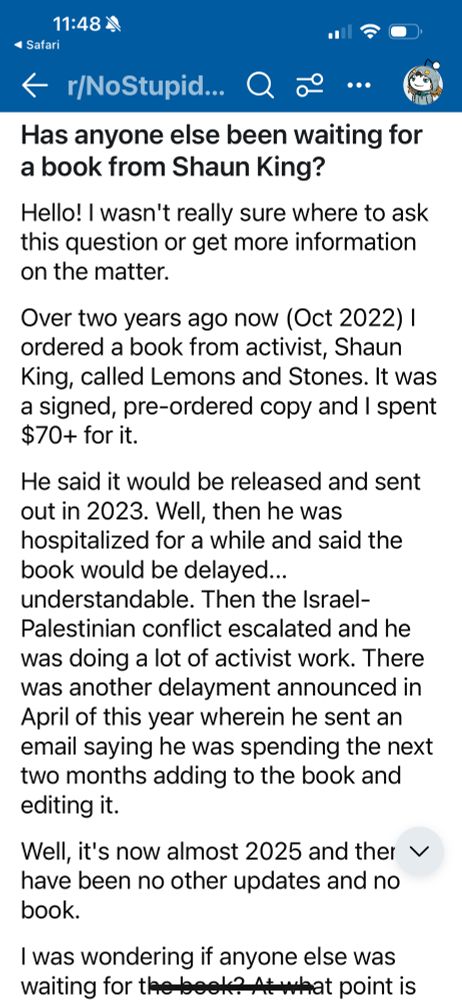 A post from Reddit about a user being scammed by Shaun King.
