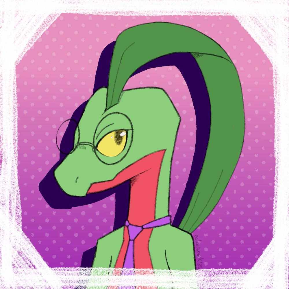 Bust drawing of a Grovyle (Pokémon) who wears big round glasses and a purple necktie. He is facing left and has a stern expression with his eyes turned towards the top right corner of the picture. Nobody tell him he's impossibly handsome