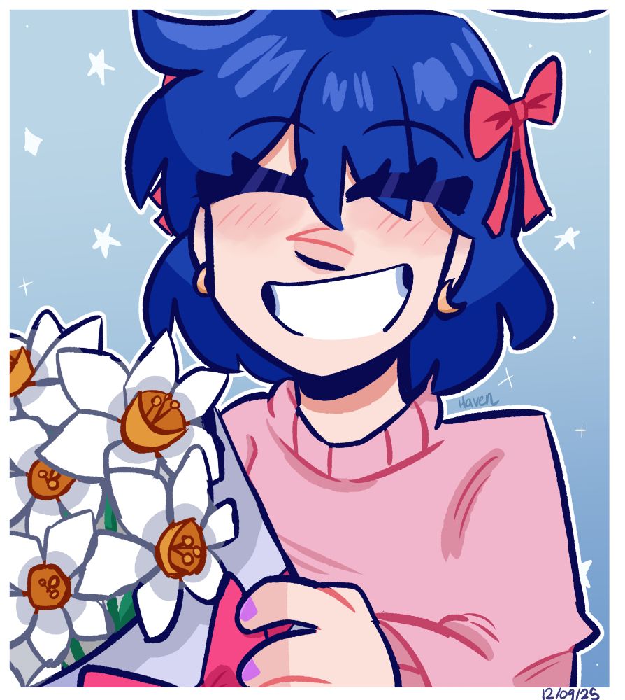 My OC Luna holding a bouquet of daffodils (the birth flower for December) she's seen smiling, and wearing a pink sweater with two bows in her hair against a blue gradient background with sparkles 