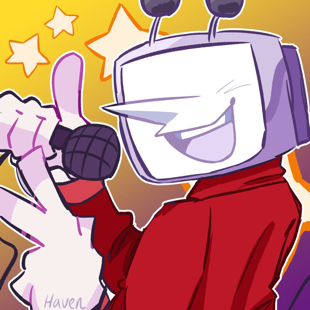 An artwork of Tenna from Deltarune turning his head towards the "camera" one hand he's holding up a peace sign and the other hand he's holding a microphone. He's in front of a yellow and purple gradient background with stars, he's shown smiling 