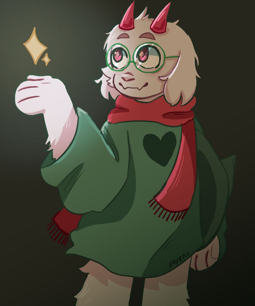 An illustration of ralsei from deltarune holding sparkles (maybe using an item) while he looks at it. He's holding his hat in his other hand 