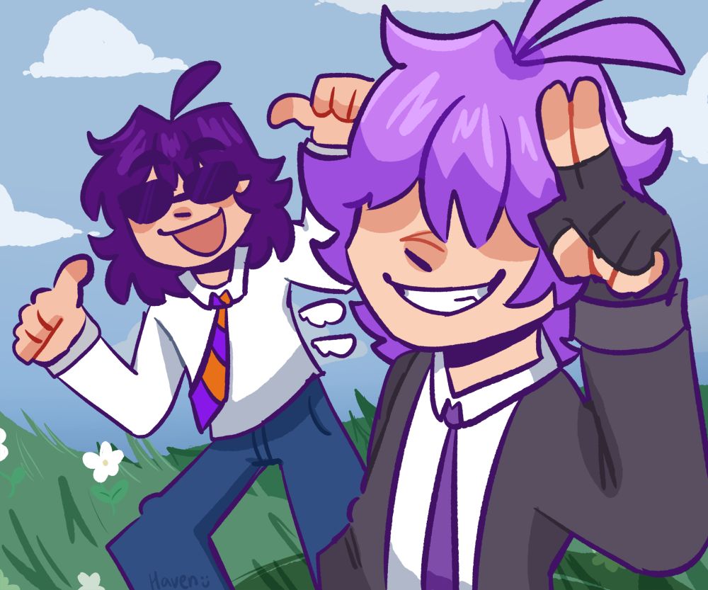 My ocs haven and cas in a field wearing suits. Cas is down posing cooler while haven is goofing off in the background wearing sunglasses 