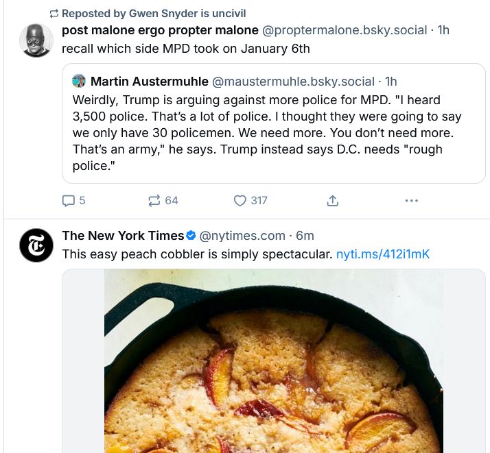 screen shot of Bluesky, showing someone named "Propter Malone" discussing the physical force implications of having Donald Trump commanding military forces in the US capital, followed by the world's best-resourced news organization writing, "This easy peach cobbler is simply spectacular" with an appetizing photo of a peach dessert in a cast-iron pan.