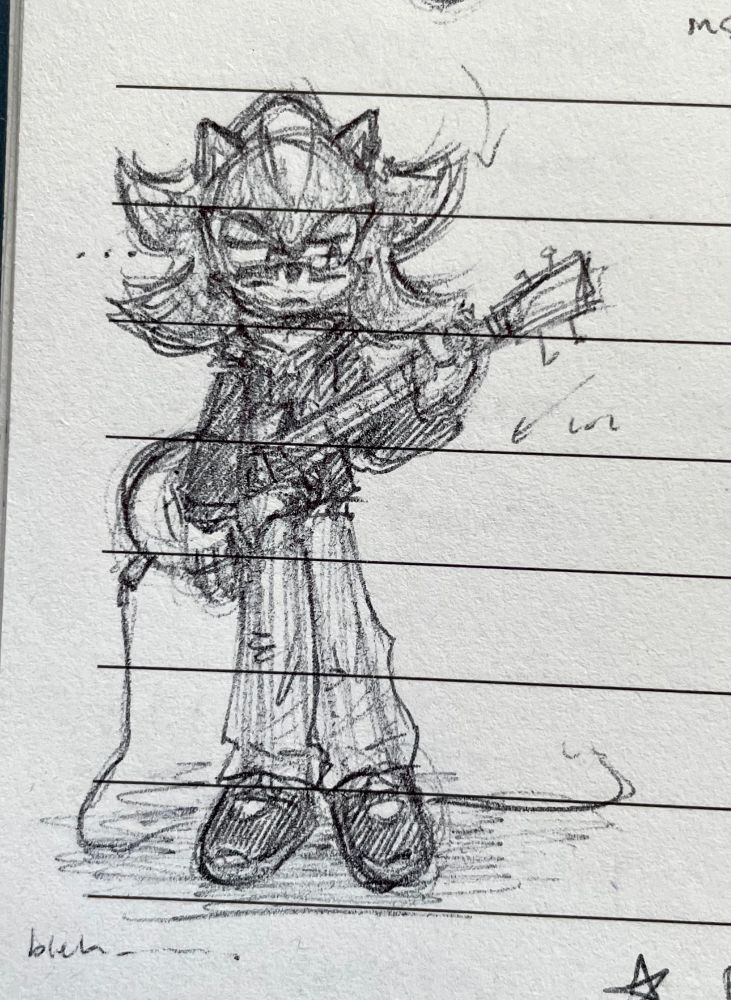 sketch on lined paper of shadow the hedgehog. they are wearing glasses, a dark hoodie, and baggy jeans. they are holding a bass guitar and looking down at it with a bored expression. there is a wire plugged into the guitar that disappears into the background. there is an ellipsis to the left of their head. text at the bottom left reads “bleh…”