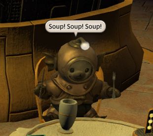 a little grebuloff from FFXIV saying "Soup! Soup! Soup!" while sitting expectantly and excitedly at a table, holding eating utensils