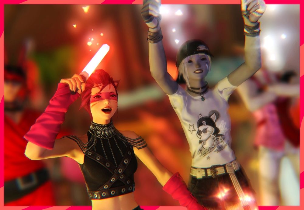 a gpose of Asteria Pyros and Zenos' Littlemeowmeow cheering in a crowd