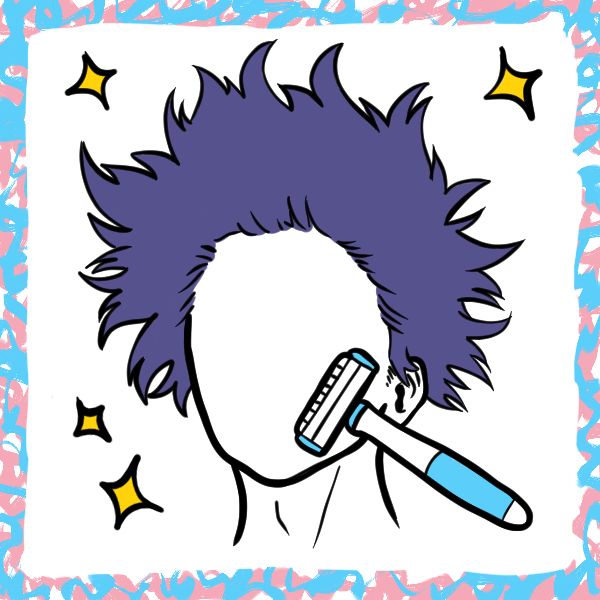 A pictogram using pink, blue and white colors, referencing the trans flag. The pictogram is a stylized outline of Shinsou Hitoshi from Boku no Hero Academia. His hair is purple and there is a blue and white razor by his cheek, conveying the act of shaving one's face.