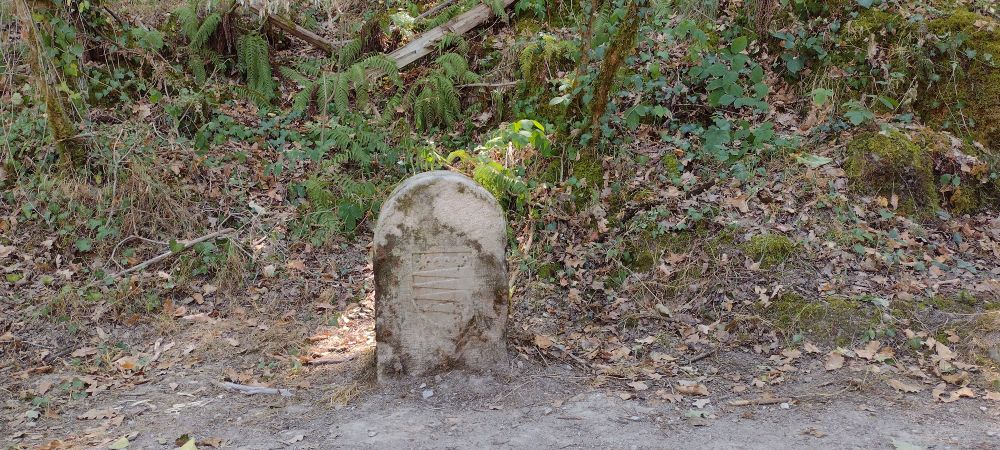 Markings on marker along path in Burlats, France all along the way have these markings while the first one at the beginning of the path was different.