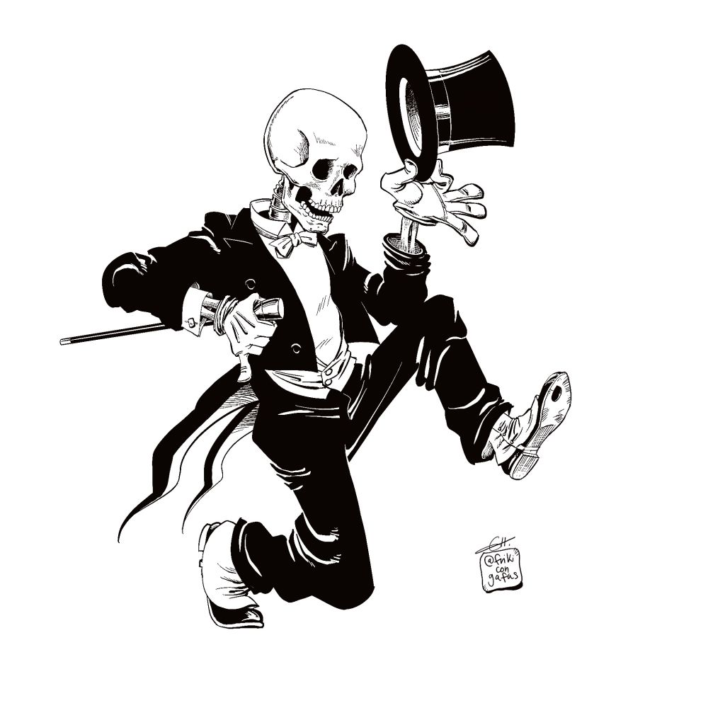Dibujo en blanco y negro de un esqueleto ataviado con frac y polainas. Lleva un elegante bastón y marca unos pasos de baile mientras se quita un sombrero de copa.