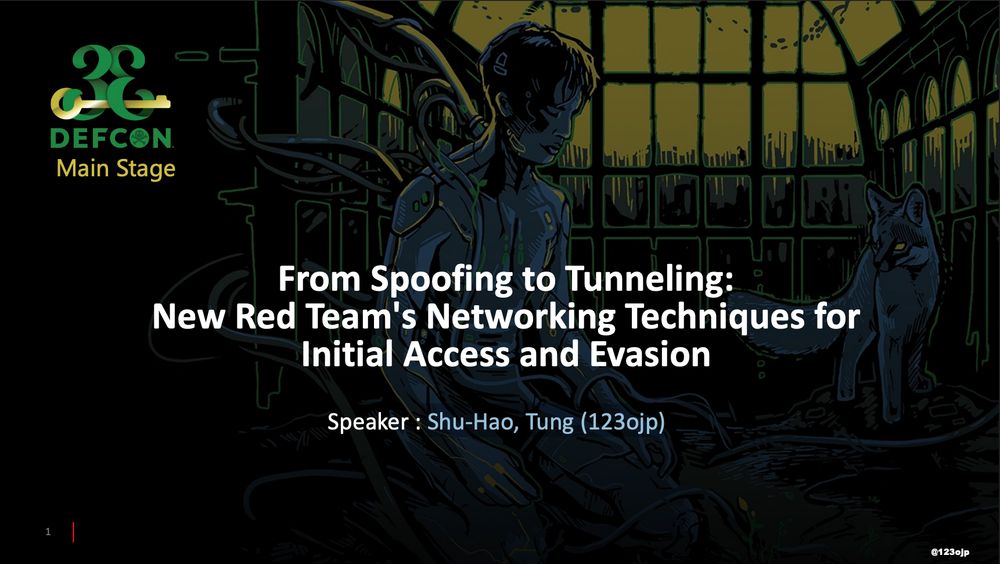 DEF CON title slide for "From Spoofing to Tunneling: New Red Team's Networking Techniques for Initial Access and Evasion"