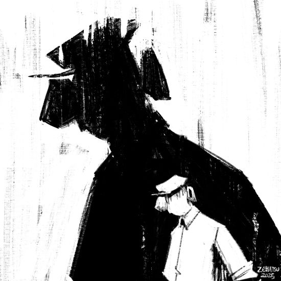Drawing of a man standing in front of a large shadow of himself.