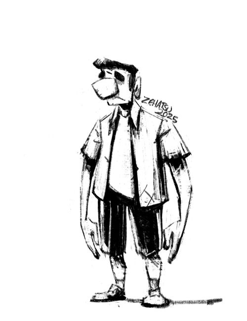 Drawing of a man who isn't very well dressed.