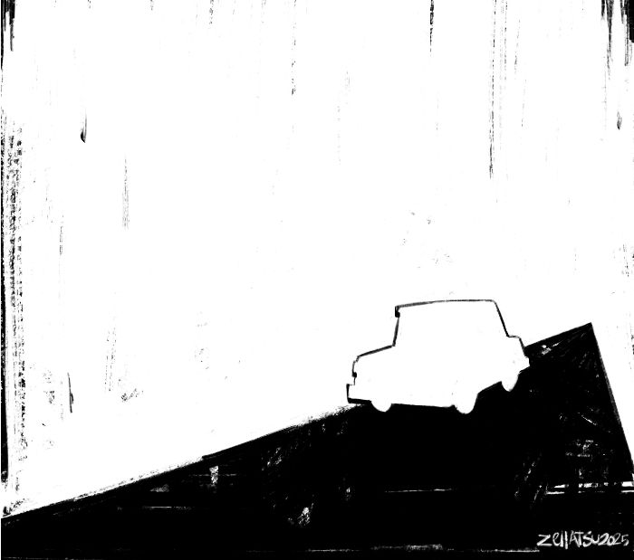 Drawing of a car driving down the road.