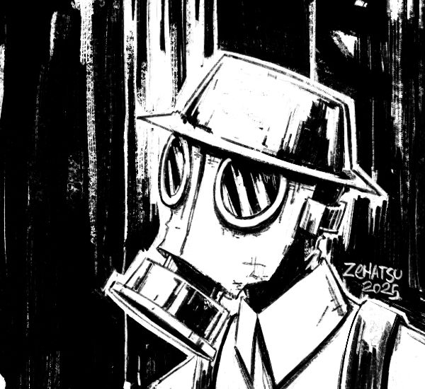 Drawing of a man wearing a gas mask.