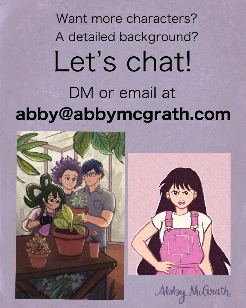 Want more characters? A detailed background? Let’s chat! DM or email at abby@abbymcgrath.com. A detailed three-charcater portrait in a garden and a simple character portrait both sit against a purple background.