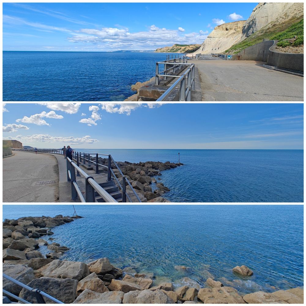 Three Xpan ratio photos in collage depicting blue sea and sky at West Bay in Dorset.