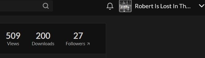 Part of an Itch page listing 509 Views, 200 Downloads, and 27 Followers. Belongs to Robert Is Lost In The Wires