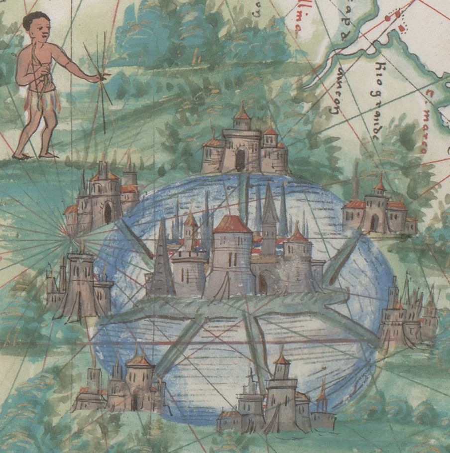 Detail from a hand-coloured sixteenth-century map showing Tenochtitlan: a city in a lake, with seven bridges to the shore and fortress-like buildings where they reach land. Green foliage beyond the circular lake.