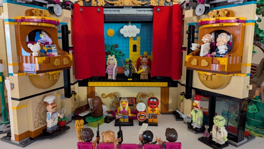 A shot of the Lego Muppet figures in the Lego Friends theatre.