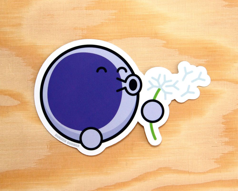 Cute sticker of a lymphocyte blowing a dandelion to represent it releasing antibodies