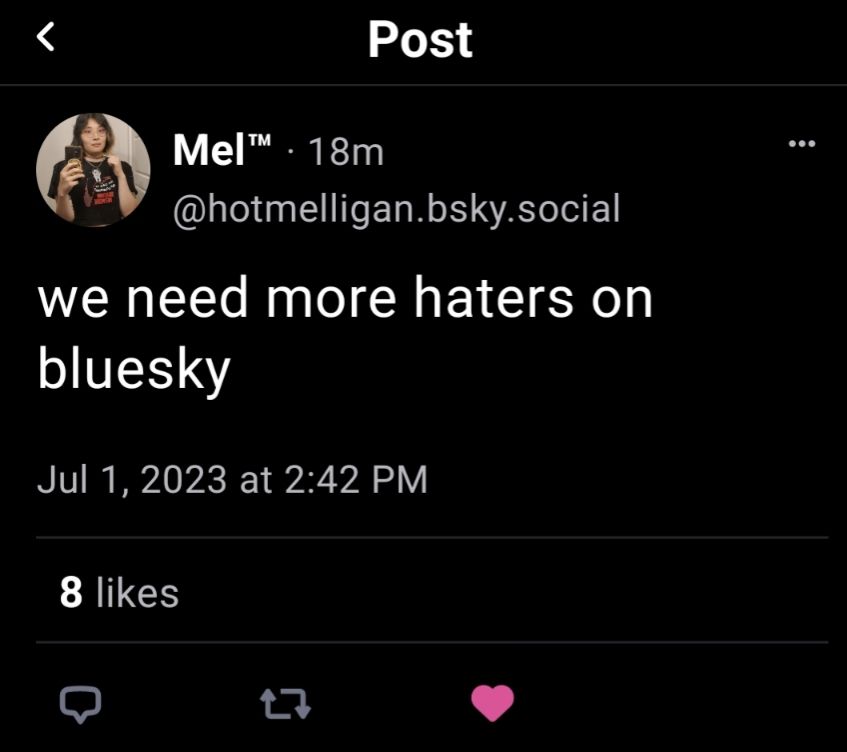 Mel says 'we need more haters on bluesky'