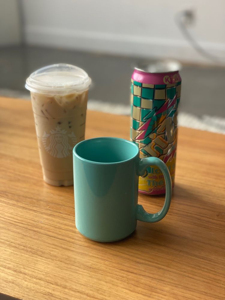 Picture of three drinks, all of which are tea (iced tea latte, hot tea in a mug, and an Arizona iced tea)