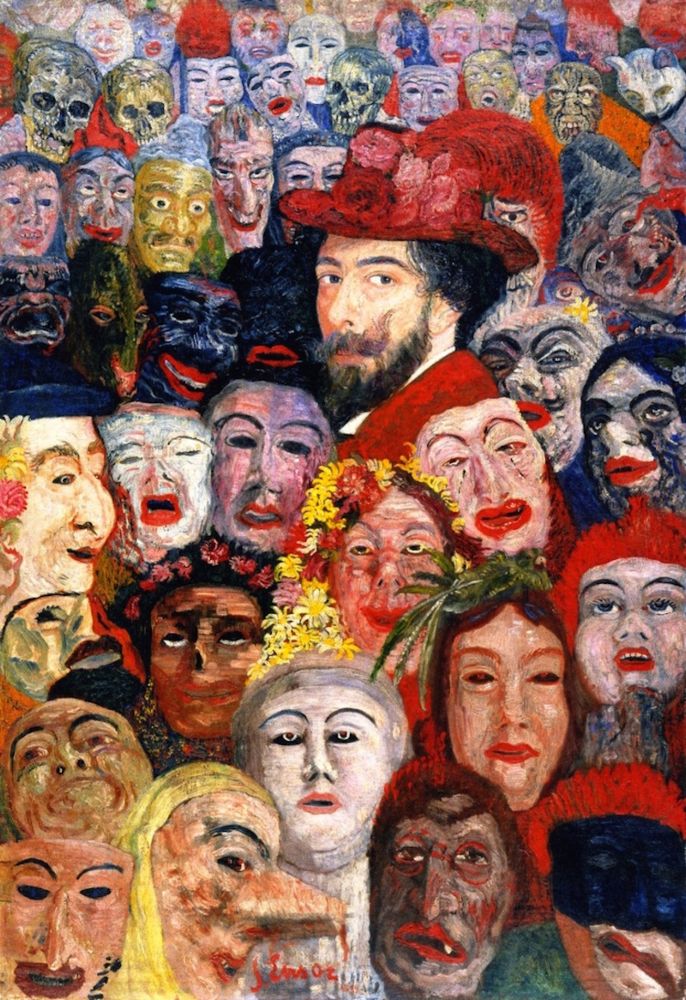 Stylized oil painting of the artist looking apprehensively at the viewer. He is thronged by a multitude of sinister-looking masked faces.
