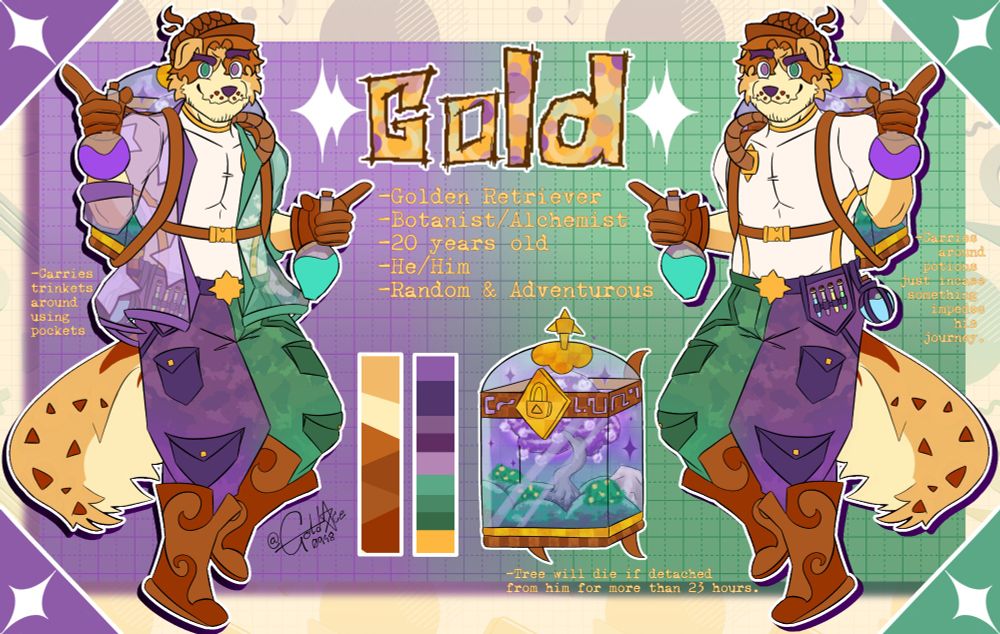 MY SONA'S REFSHEET IS FINALLY DONE!! 🎉⚜️
AKDHSKDJSKDJ MEET GOLDDD ⚜️🎉 Finally a sona that I actually like 😭

-Gold is an inter-dimensional wanderer using his skills in botany and alchemy to find clues in different worlds in order to get back to his home world. 
-A catastrophe leads to his world's absolute devastation. Gold, a child on the verge of death, was saved from his world by an unknown being, leaving him to fend for himself in a realm filled with magic. 
-Growing up with faint memories of his home bolstered his desire to seek out his past more and more.

⚜️: "What happened to my home? What happened to everyone I knew? Who or what saved me? Why was I saved???-" 

-The possibilities being endless got underneath his skin as years went by..
-Come to think.. Is he foolish for being so curious? Is he unappreciative for leaving what he has now? Is he truly ready for the risks coming his way?? 

I should REAAAALLLLYY start writing lore now 😭 but until I've redesigned Amos, maybe I'll put it on hold for now qwq.. I hope you guys like him!!! ⚜️💜
