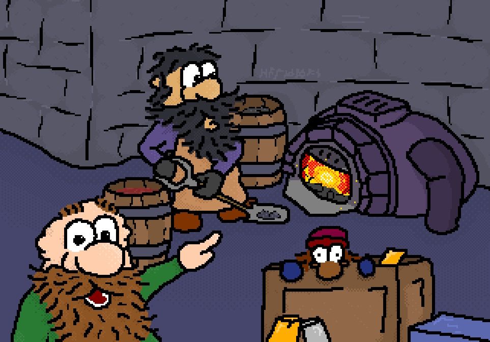 It is an image of Halfad, Geshud, Reg, a furnace and a stack of metal bars. Geshud is labouring. Halfdan is laughing at Geshud. Reg is admiring the metal bars. Reg looks confused. They are dorfing.