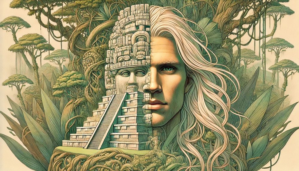 AI generated image that shows a great, half man, half Mayan ruin, in front of jungle