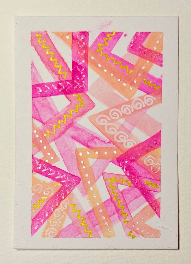 9 x 6.5 cm business card sized abstract watercolour Arrowing triangular overlapping lines in pinks and peaches using Holbein Artist's watercolour in Opera Pink W013, Brilliant Pink W025, Shell Pink W026 & Jaune Brilliant W032, with Zentangle repeating geometric line markings overlaying the watercolour in white, gold & silver Arrtx gel pen and Uniball Signo Sparkling Glitter Pink.

