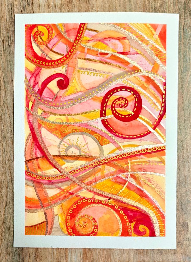 Fiery Weaving - A5 Mixed Media Abstract interconnected swirling lines of Red, Orange, Yellow & Silvery Gold watercolour with Zentangle repeating pattern and line markings on 350 GSM cold pressed watercolour paper.

Materials used

Kissho Gansai Japanese watercolours 04 Aka Daidai (Orange), 09 Yoh Koh (Red), 13 Yamabuki (Sunshine Yellow), 25 Shinsha (Deep Red), 33 Beiju (Indian Yellow) & 43 Sango Iron (Cadmium Orange) and Iuile handmade metallic glitter shimmer watercolors in the Gold Sparkle series - Champagne (Champagne Gold glitter sparkle).

Zentangle designs and line marking making overlaying the background watercolour in metallic Gold Arrtx Gel Pen.