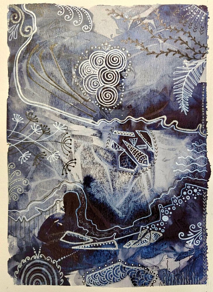 In the Grey - A4 Abstract Black Grey & White Kuretake Gansai Tambi Japanese Watercolour in Gray 21, Black 20 & White 10 with Tom's Studio Calligraphy Ink in India Ink, Jet Black & Moon Grey and Finest Fountain Pen Ink in Dove Grey 10, Deep Black 01 & Pigment Black 60, with zentangle repeating patterns and line markings in Arrtx white and silver gel pen and Grabie Glitter Sparkle Black & Silver Gel pen on 300 GSM watercolour paper.