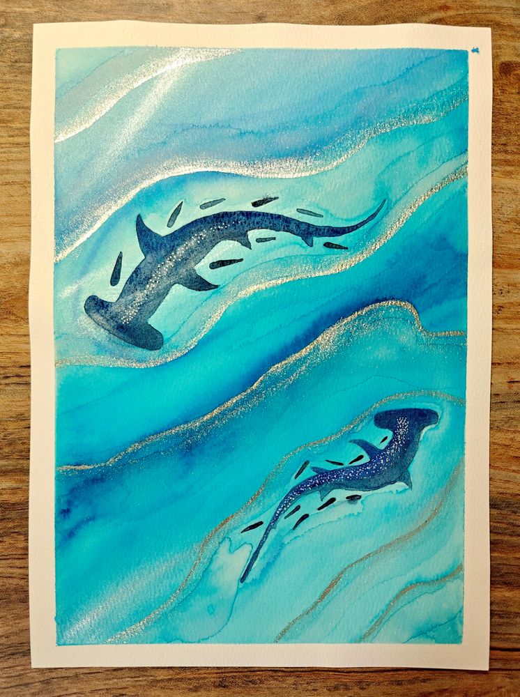 Hammerhead Sharks in the Shallows - A4 portrait orientated Mixed Media Abstract watercolour and ink blended shallow sea background with two circling hammerhead sharks, with small shoal of fish. 

Materials used 

Background - Tom's Studio Calligraphy Ink in Peacock Blue and Ultramarine Blue, with Iuile handmade metallic glitter shimmer watercolors in Champagne from the Gold Sparkle palette to represent the surf 

Sharks & Fish

Kuretake Gansai Tambi Japanese watercolours in Prussian Blue 66, Indigo 67 & Blue Grey Deep 68, with Arrtx white gel pen used to add texture dots to the backs of the sharks.