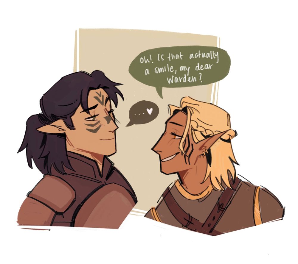 a portrait drawing of the custom warden (an elf with long brown hair, green eyes and green facial tattoos) and zevran aranai from the video game dragon age origins 