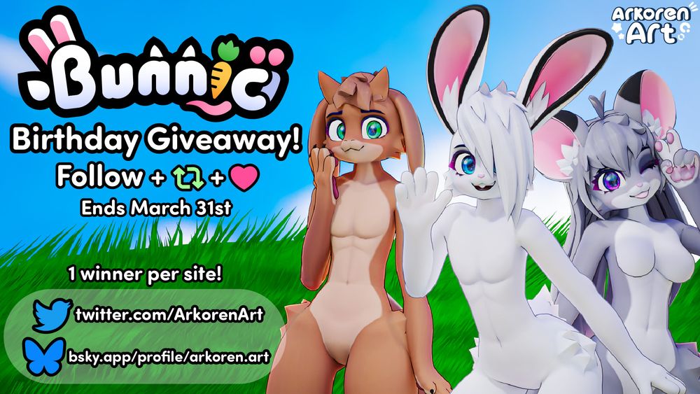 Bunnic Birthday Giveaway! Follow + Repost + Like. Ends March 31st. 1 winner per site!

twitter.com/ArkorenArt
bsky.app/profile/arkoren.art