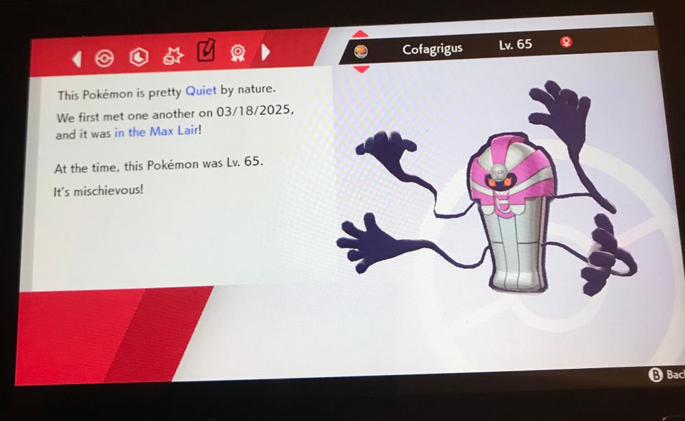 Pokemon Shield status screen of a Shiny Cofagrigus caught from Dynamax Adventures