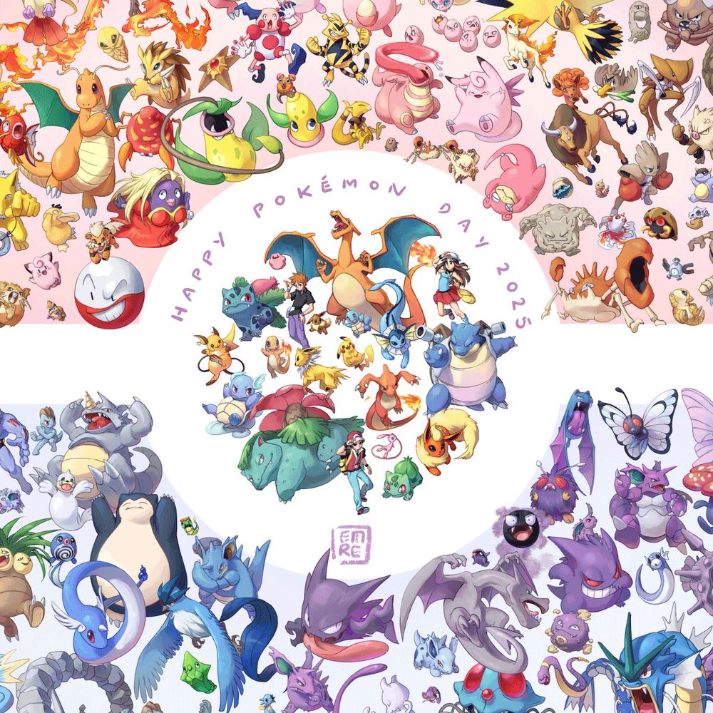 Three-frame gif compilation of my "draw every Pokemon" challenge, with the text Happy Pokemon Day 2025