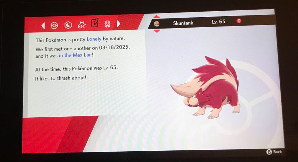 Pokemon Shield status screen of a Shiny Skuntank caught from Dynamax Adventures