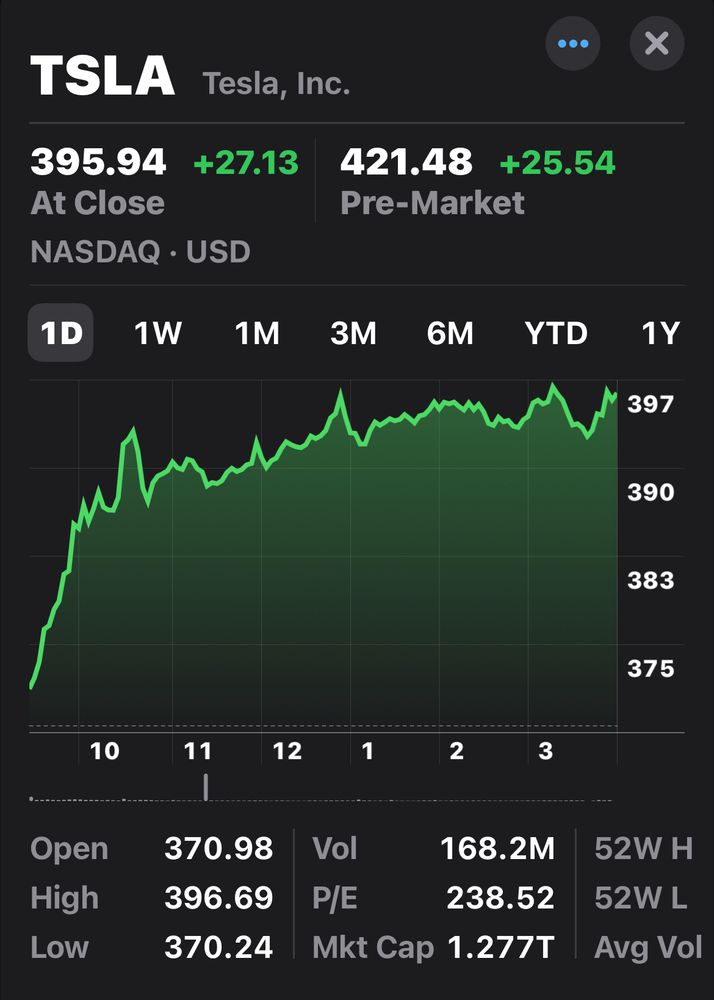 Tesla stock chart showing premarket activity that will see it go up $25. 