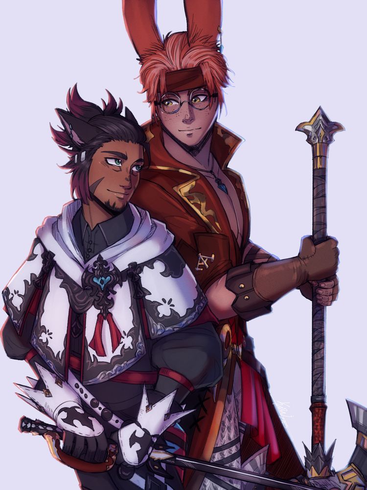 Sol (R) gazes down at H'ota (L) looking at one another with smiles as they hold their weapons.