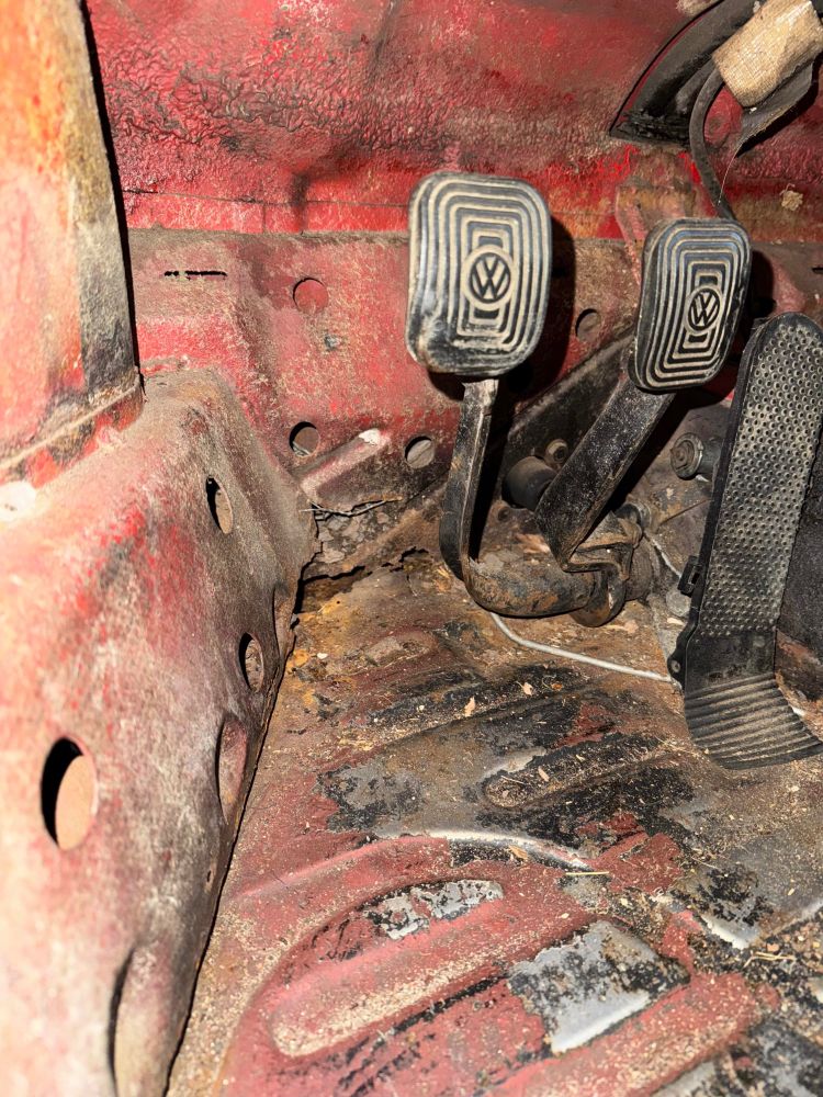 Rust in the pedal box along and behind the firewall. The front cross member is partially eaten away, as is the lower section of the firewall. I’m hoping to replace just the rusted parts without lifting the body off of the frame but I may not have a choice.  It’s not terribly hard to do (it's how they built them at the factory), just big and bulky to deal with. 