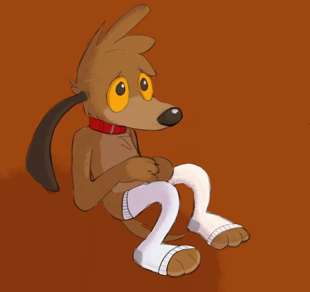 cartoon dog looking shy in red collar and white toeless thigh highs